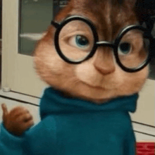 alvin the chipmunk is wearing glasses and a blue sweater .