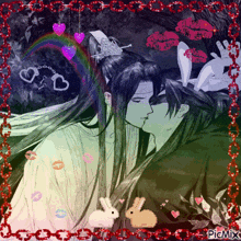 a picture of a man kissing another man with rabbits and hearts around it