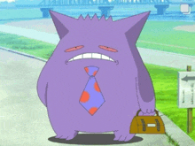 a purple cartoon character wearing a tie and carrying a bag