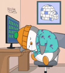a cartoon of a penguin crying in front of a computer screen