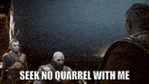 a video game character is talking to another character in a dark room .