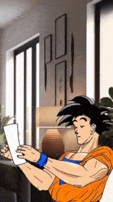 a cartoon of a man holding a piece of paper in a living room