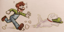 a cartoon of a man running away from a ghost with the letter c on his hat