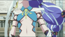 a girl with blue hair and a necklace that says nv