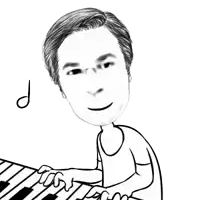 a black and white drawing of a man playing piano