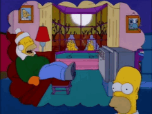 a cartoon of homer simpson laying on a couch in front of a tv
