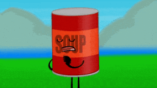a red can of soup with a face and legs