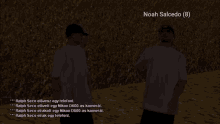 two men standing next to each other with the name noah salcedo on the top