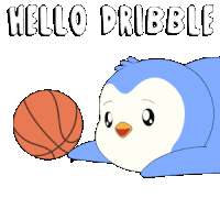 a penguin is laying down holding a basketball with the words hello dribble written above it