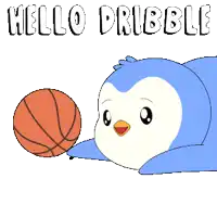 a penguin is laying down holding a basketball with the words hello dribble written above it