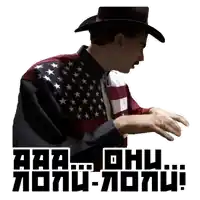 a man wearing an american flag shirt and a cowboy hat says aaa ohh