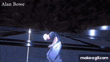 a make a gif.com animated image of alan bowie in a dark room