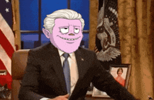 a cartoon of a man in a suit and tie with a purple face