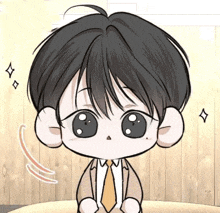 a cartoon boy is sitting at a table wearing a suit and tie .