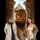 a man and a woman stand in front of a lion