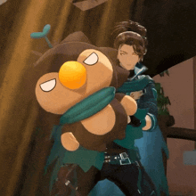 a man is holding a stuffed animal with a yellow beak
