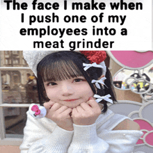 a girl wearing a hello kitty headband and a white sweater with a caption that says the face i make