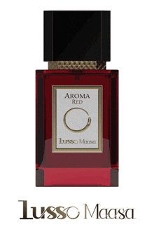 a bottle of lusso maasa aroma red perfume on a white background