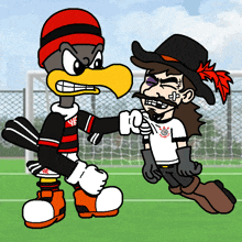a cartoon of a bird and a man with a cowboy hat on a soccer field