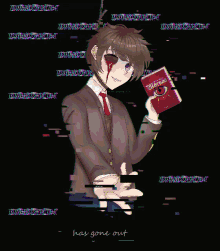 a man in a suit and tie is holding a book that says ' what gone out '