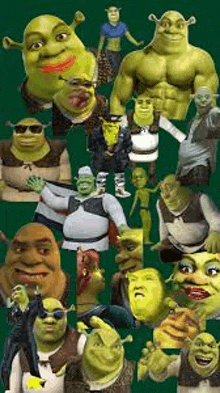 a collage of shrek pictures on a green background