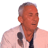 a man wearing a white jacket stands in front of a microphone with his eyes closed