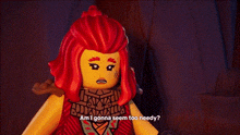 a lego girl with red hair is standing in front of a dark background .