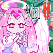 a cartoon drawing of a girl with a harp and the word sybau on the bottom