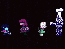 a group of pixel art characters standing next to each other on a dark background .
