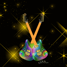 two colorful guitars are crossed over each other on a black background with yellow stars