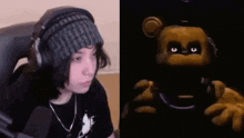 a person wearing headphones and a beanie next to a picture of a teddy bear
