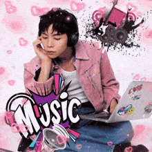 a young man wearing headphones is listening to music on a laptop