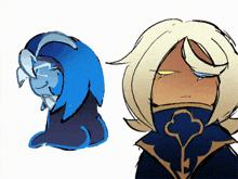 a drawing of a person with a blue hood and a drawing of a person with blonde hair and yellow eyes