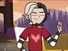 a cartoon character in a red shirt with an eagle on it giving a peace sign