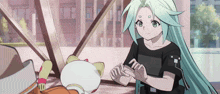 a girl with long green hair is holding hands with a white cat