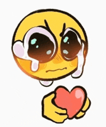 a cartoon smiley face is crying and holding a heart in its hands .
