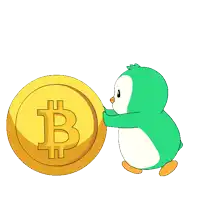 a green penguin is pushing a large gold coin with a b on it