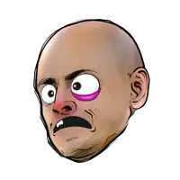 a cartoon drawing of a bald head with a purple eye