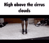 a person standing on a tiled floor with the words high above the cirrus clouds below them