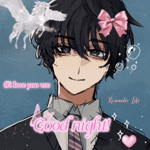 a drawing of a boy with a pink bow on his head and the words good night on the bottom