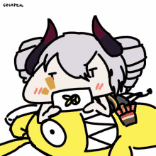 a drawing of a girl with horns holding a card with the number 80