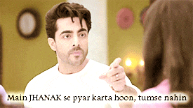 a man is pointing at a woman with the words main jhanak se pyar karta hoon tumse nahin below him