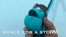 a person is holding a blue object with the words brace for a storm written above it .