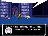 a screenshot of a video game with a speech bubble that says um anyone um feel free to step on me