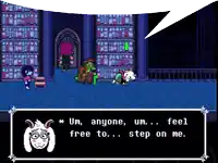 a screenshot of a video game with a speech bubble that says um anyone um feel free to step on me