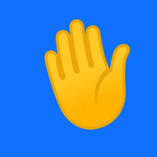 a yellow hand on a blue background that looks like it is waving