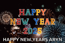 a happy new year greeting card with fireworks behind it