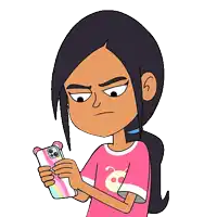 a cartoon girl is holding a cell phone in her hands