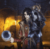 a painting of a man holding a crystal ball in his hands