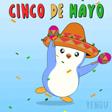 a penguin is wearing a sombrero and holding maracas in a cartoon for cinco de mayo